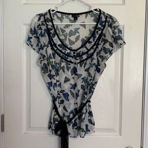 Pretty Butterflies East 5th Ruffled Button Front Blue Sheer blouse XL Tie waist